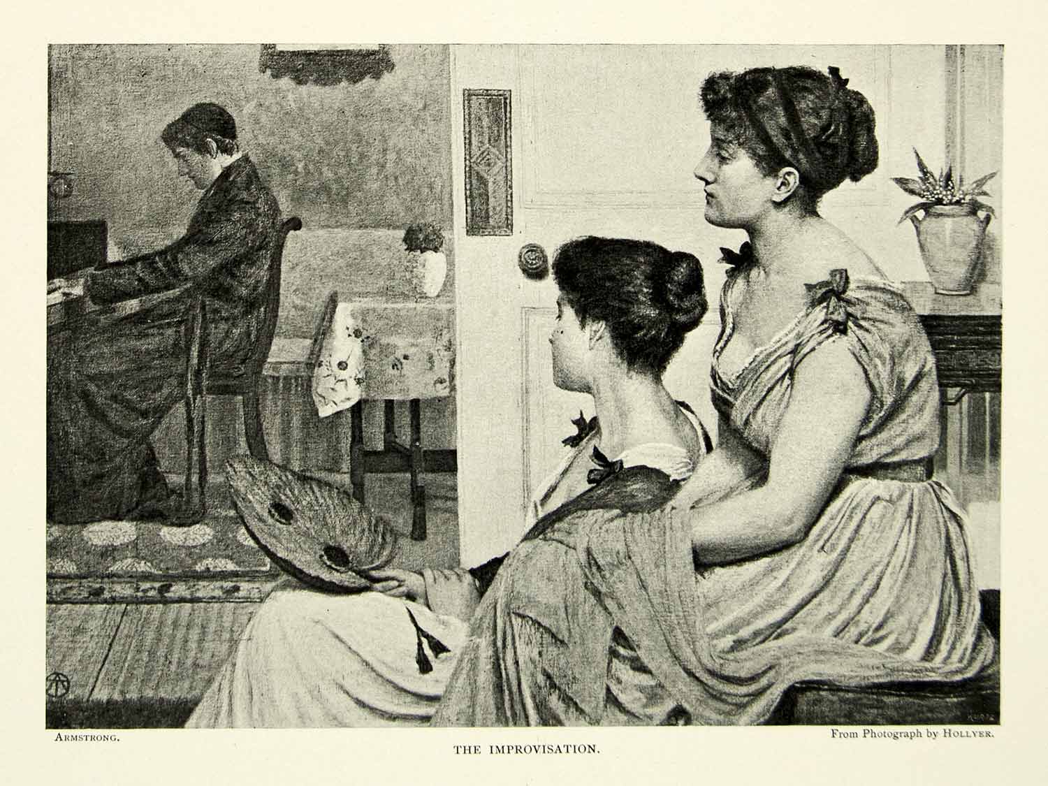 1895 Print Improvisation Piano Player Playing Listening Music Women Musical Art