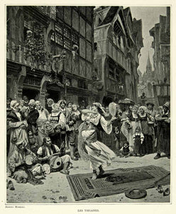 1895 Print Andrien Moreau Tsiganes Dancing Tambourine Instrument Gypsy Busk Art