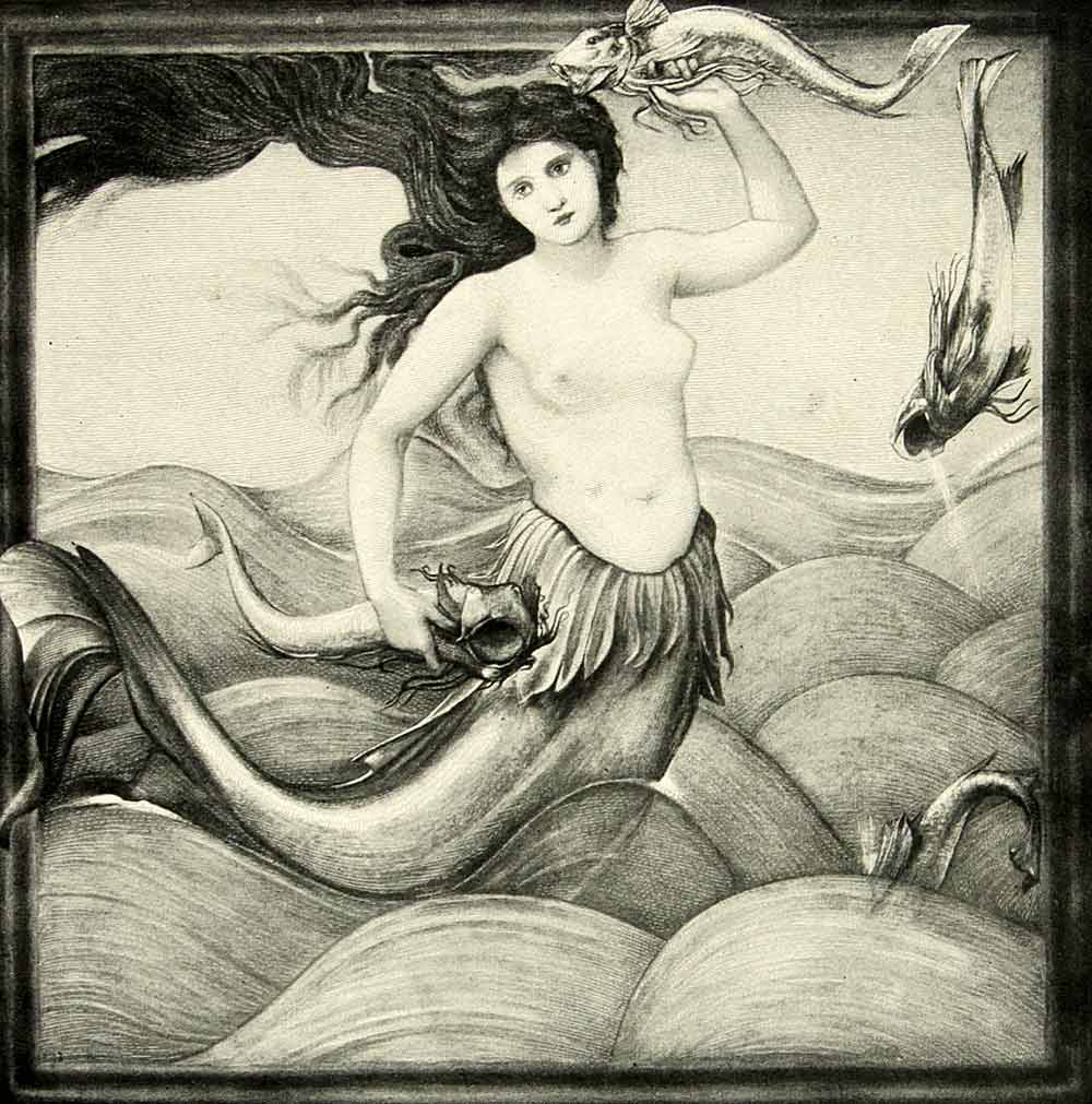 1895 Print Edward Burne-Jones Art Sea Nymph Nude Mermaid Mythological Figure