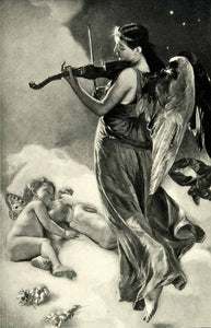 1895 Print Angel Playing Violin Cherubs Putti Johann Caspar Herterich Art Adagio
