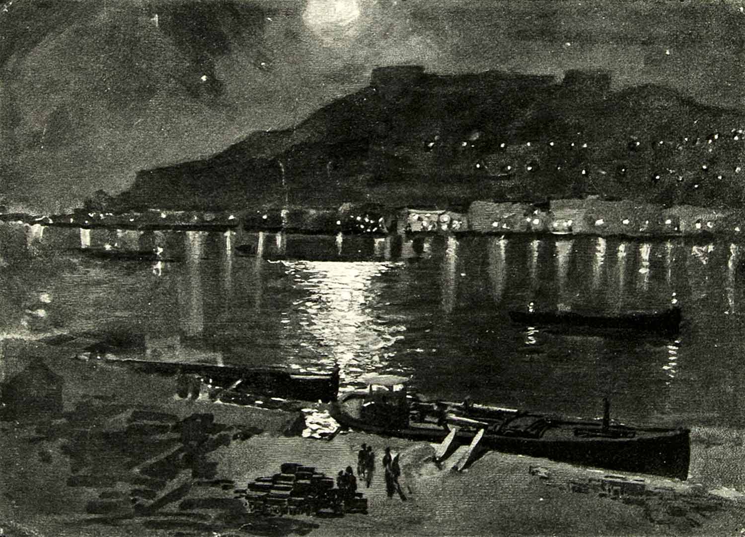 1895 Print Joseph Pennell Art Budapest Moonlight Hungary Cityscape Danube River