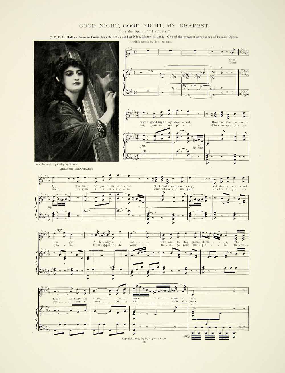 1895 Print Sheet Music Good Night My Dearest Opera La Juive Fromental Halevy