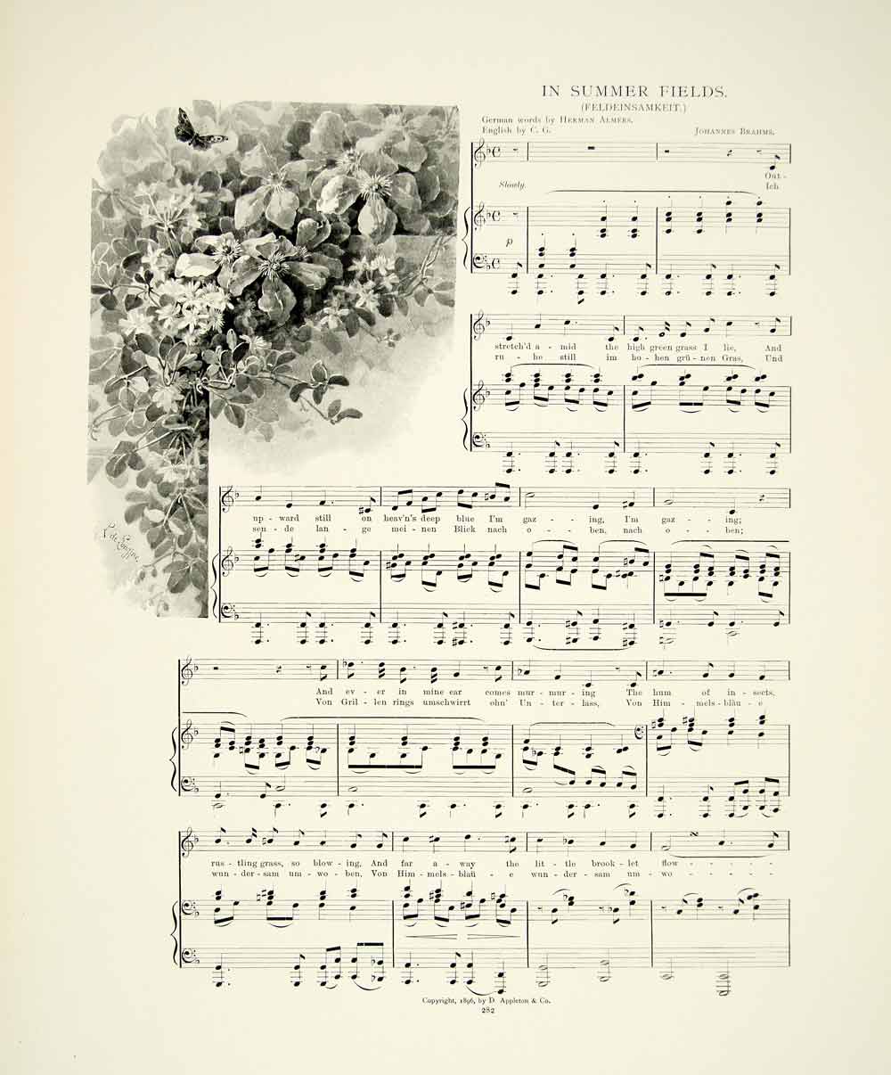 1895 Print Sheet Music In Summer Fields Feldeinsamkeit Johannes Brahms Song