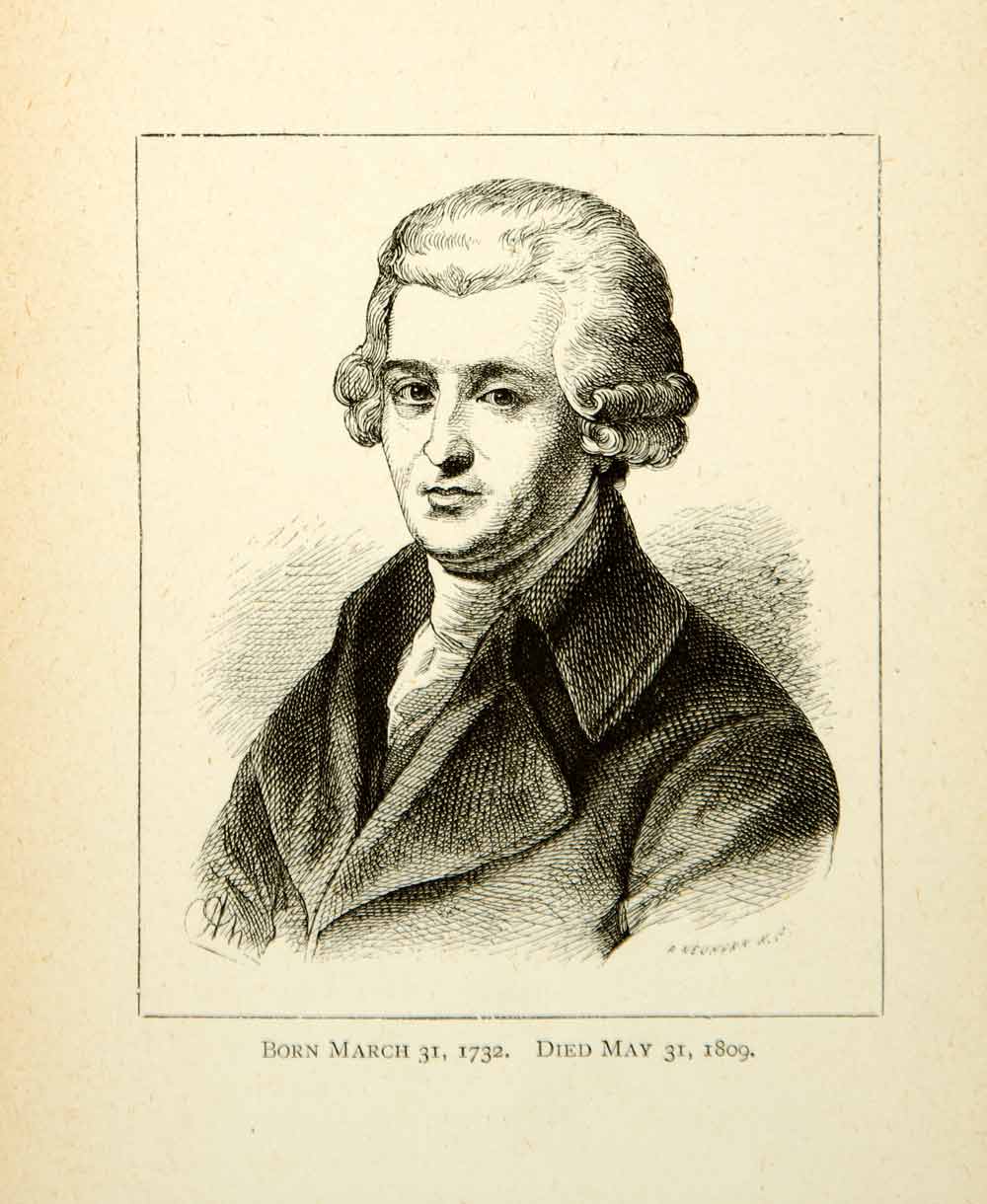 1887 Wood Engraving Art Joseph Hadyn Portrait Classical Music Composer XME9