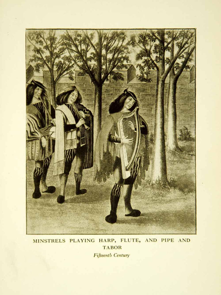 1917 Print Art Medieval Minstrels Harp Flute Pipe Tabor Musical Instru ...