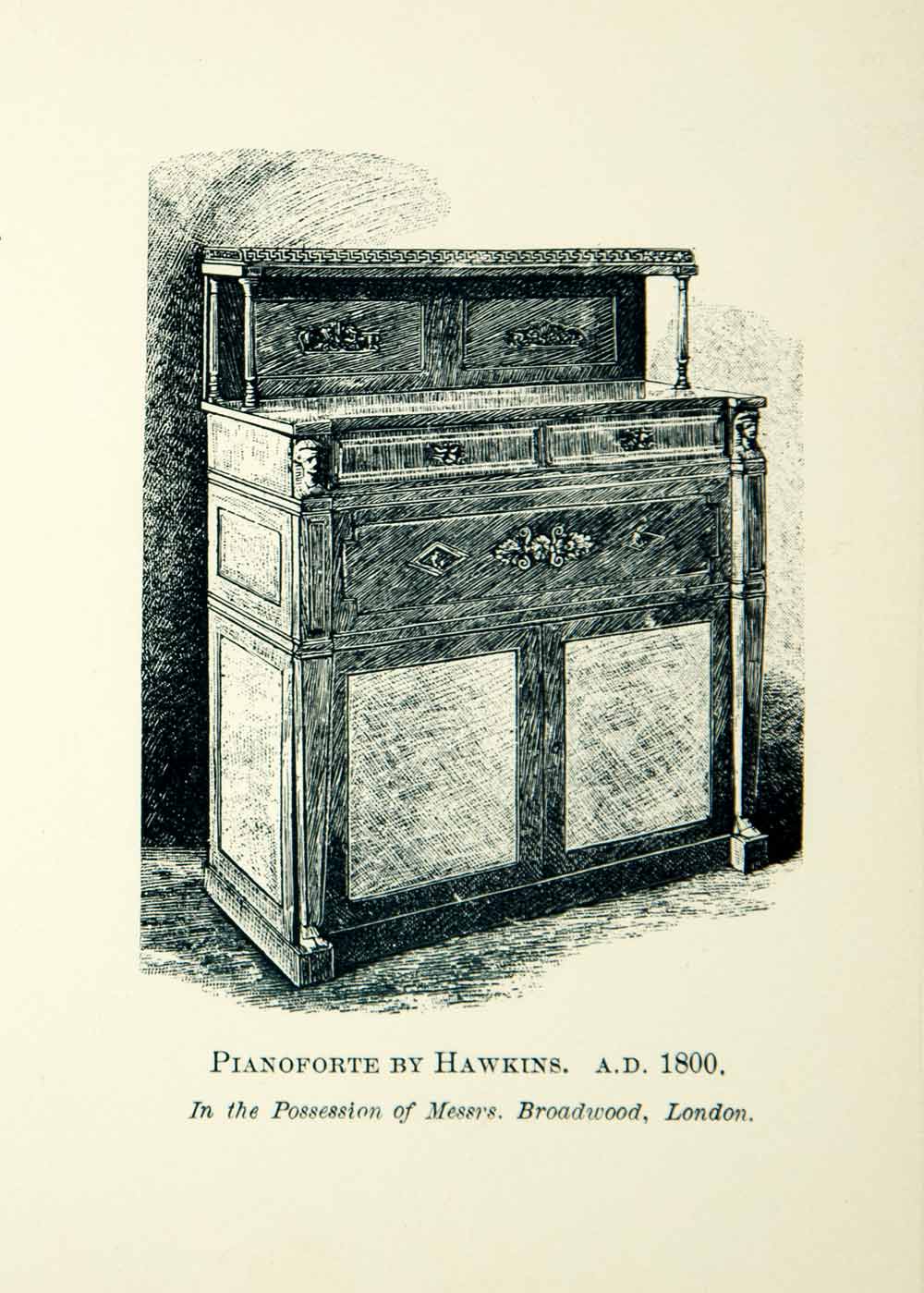 1890 Wood Engraving Art John Isaac Hawkins Pianoforte Musical Instrument XMF5