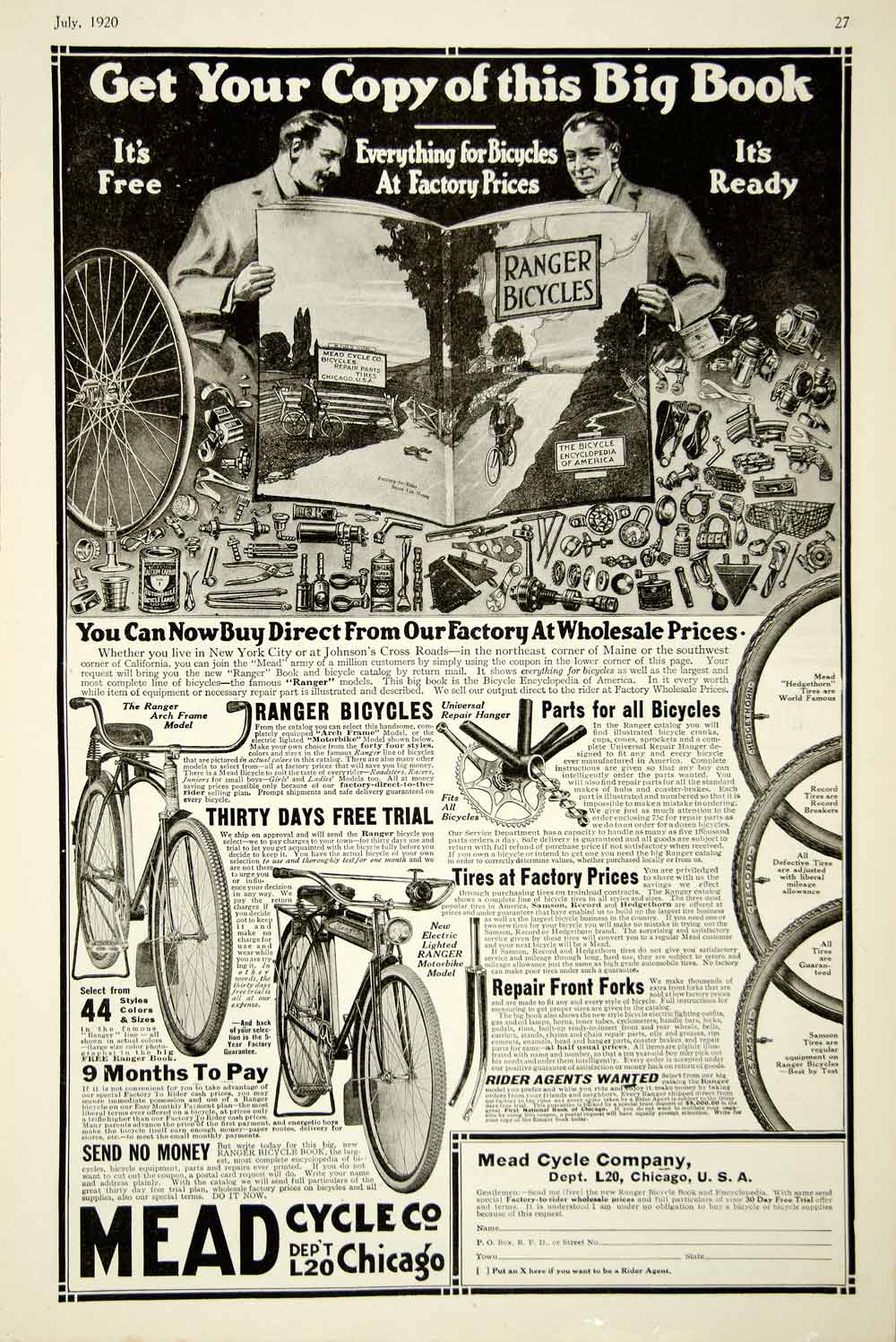 1920 Ad Mead Bicycle Ranger Parts Mechanical Arch Frame Model Motorbike YAB1
