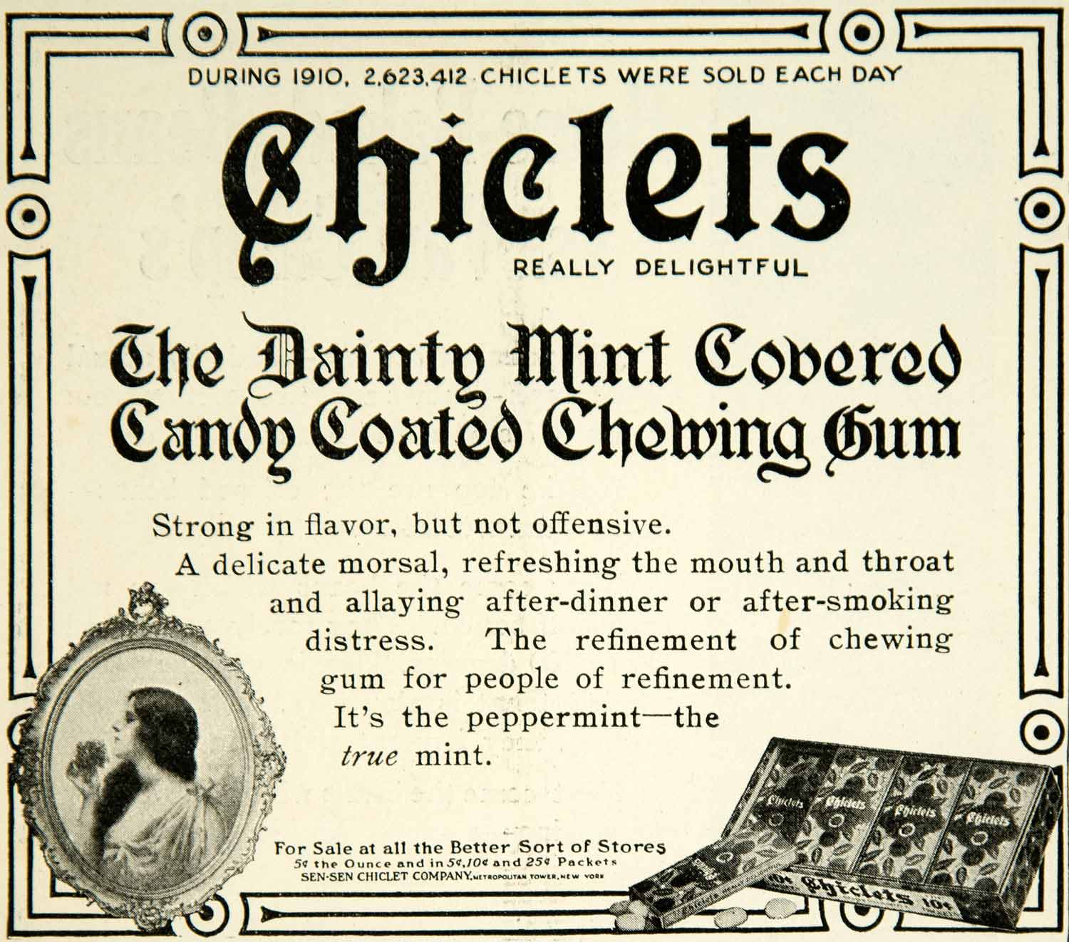 1911 Ad Chiclets Chewing Gum Candy Mint Sen-Sen Food Package Woman Portrait YAB1