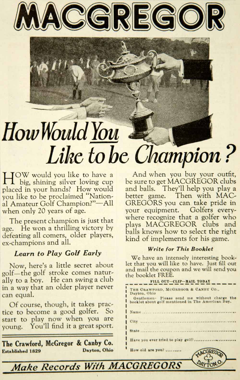 1923 Ad Macgregor National Amateur Golf Champion Trophy Cup Training YAB1