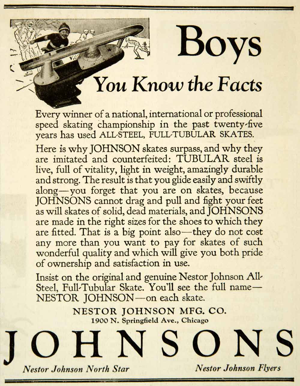 1927 Ad Nestor Johnson 1900 N Springfield Ave Chicago IL Boys Tubular Ice YAB1