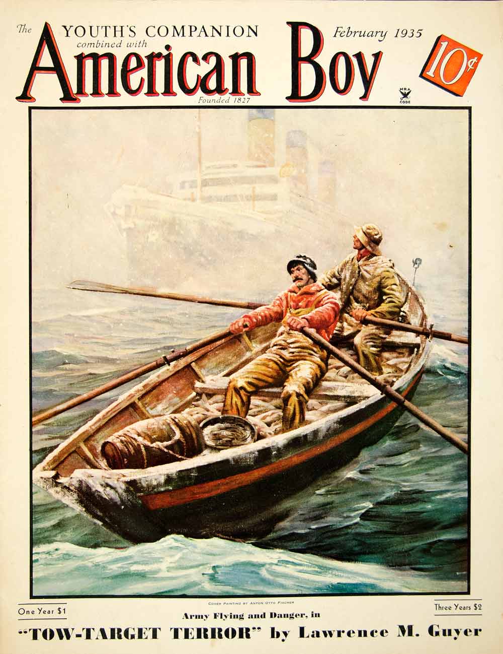 1935 Cover American Boy Anton Otto Fischer Cruise Ship Art Rowboat YAB2