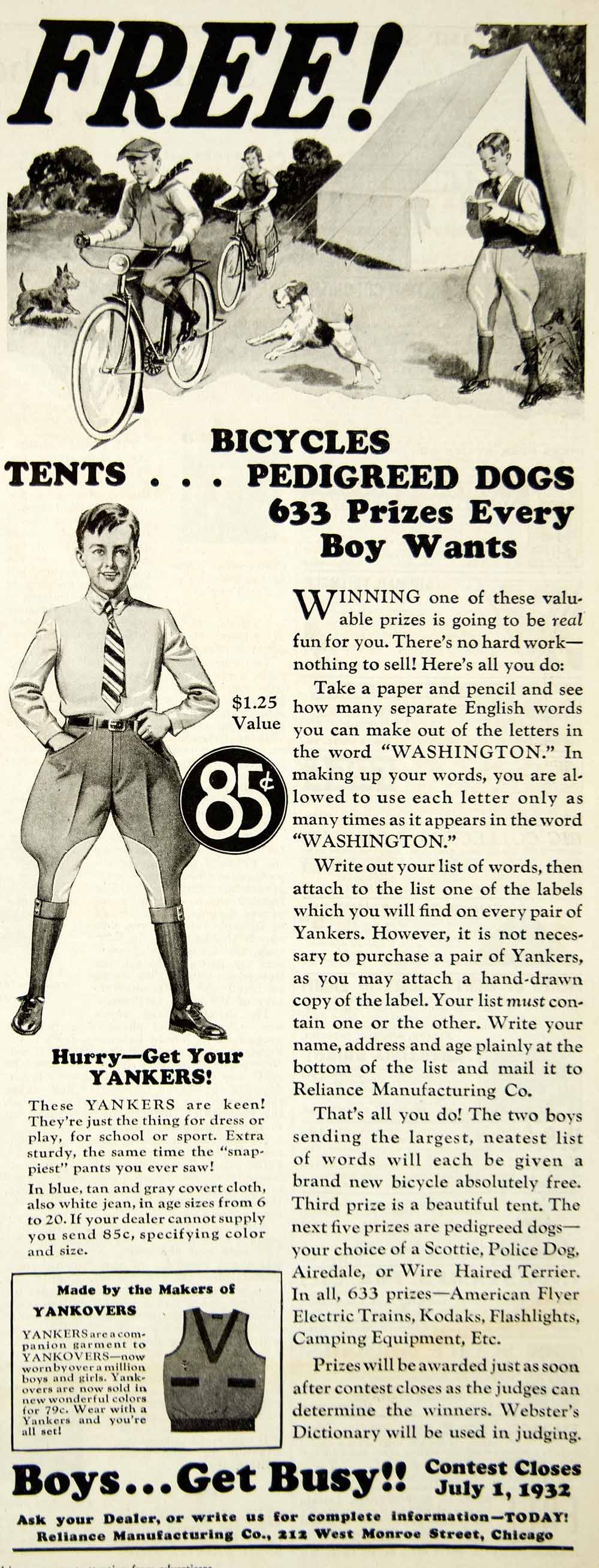 1932 Ad Yankers Boys Pants Reliance Manufacturing 212 West Monroe St YAB2
