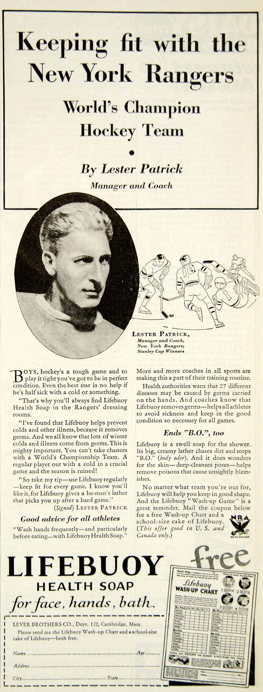 1934 Ad Lifebuoy Health Soap Lester Patrick NY Rangers NHL Hockey Mana ...