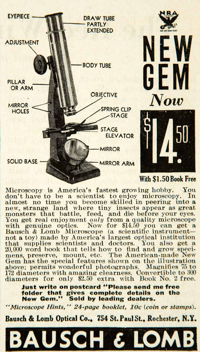 1934 Ad Bausch Lomb Optical 754 St Paul St Rochester NY New Gem Micros ...