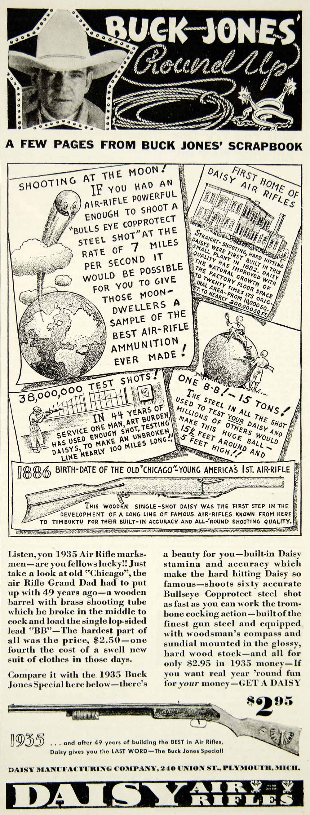1935 Ad Daisy Air Rifle Buck Jones Round Up Special 240 Union St Plymouth YAB2