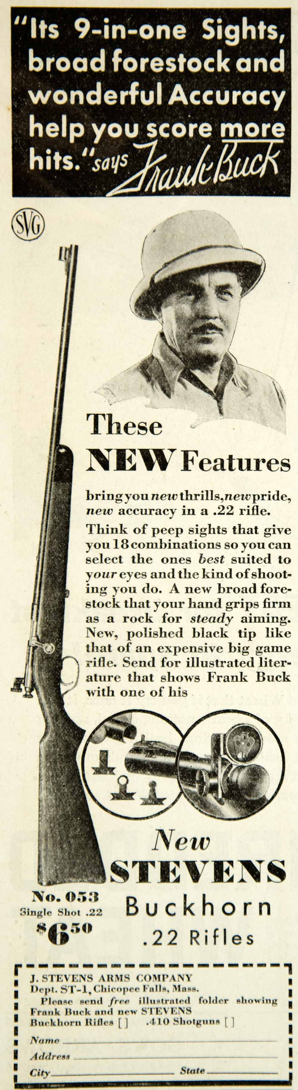 1935 Ad J Stevens Arms Chicopee Falls MA Buckhorn .22 Hunting Rifle Frank YAB2