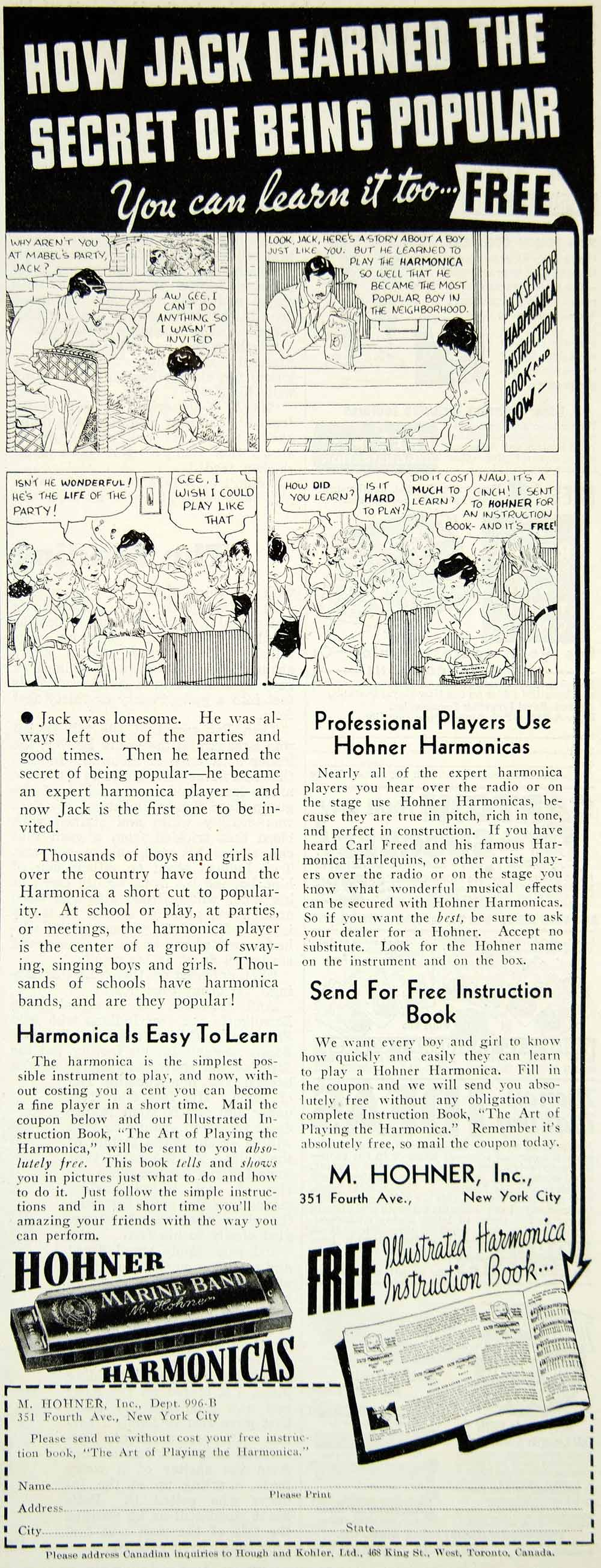 1936 Ad M Hohner Harmonica Jack Comic Strip 351 Fourth Ave NY Musical YAB2