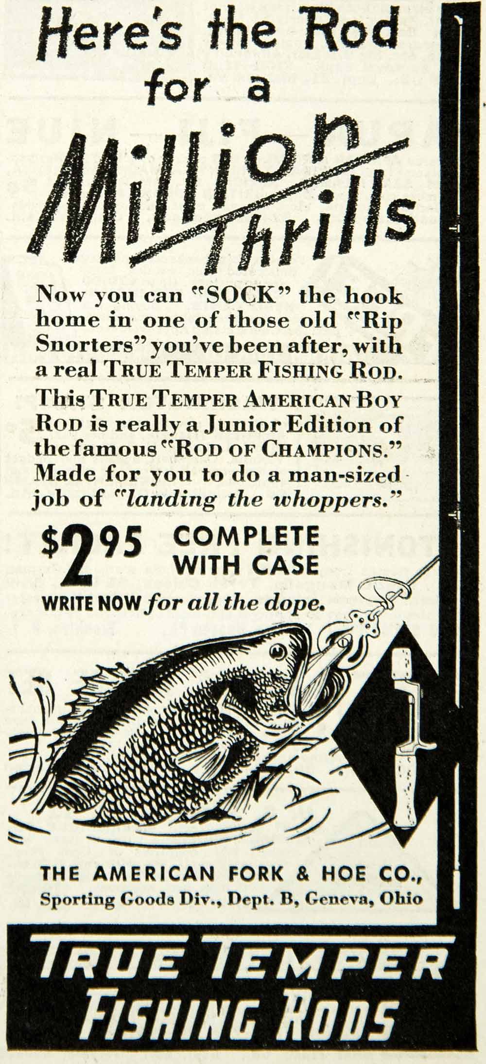 1936 Ad True Temper Fishing Rod American Fork Hoe Geneva OH Million Thrills YAB2