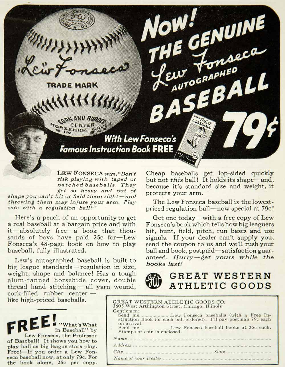 1936 Ad Lew Fonseca Great Western Athletic Goods 3605 Arthington St Chicago YAB2