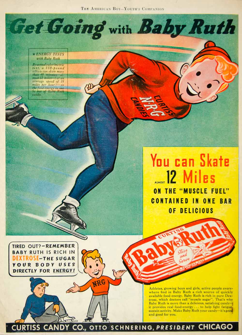 1939 Ad Curtiss Candy Bar Chicago IL Baby Ruth Ice Skating Cartoon Boy YAB3