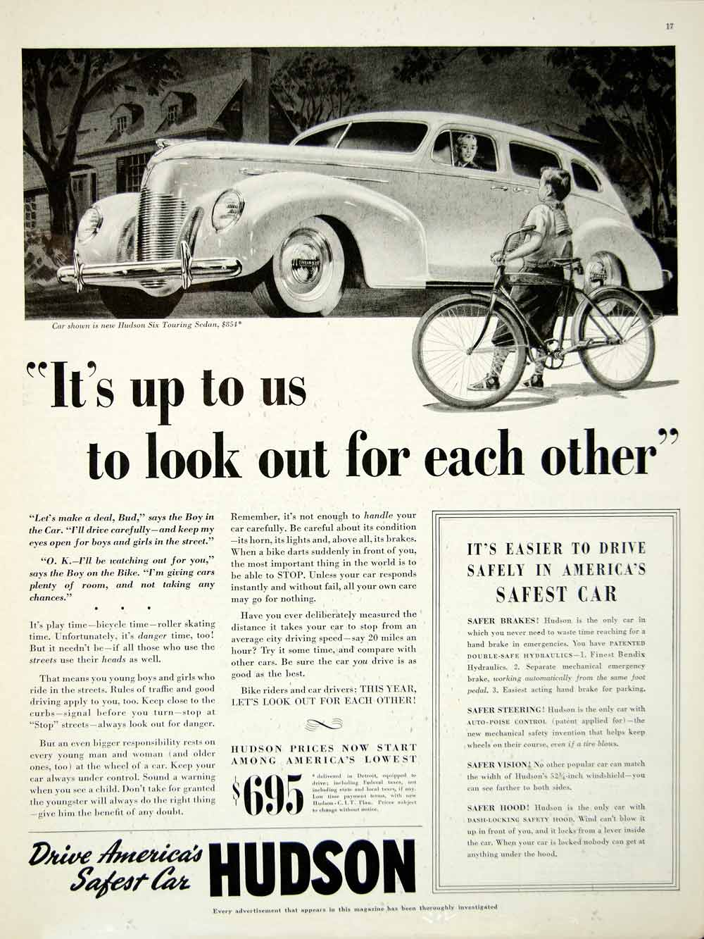 1939 Ad Hudson Six Touring Sedan 4 Door Automobile Child Bicycle Driveway YAB3