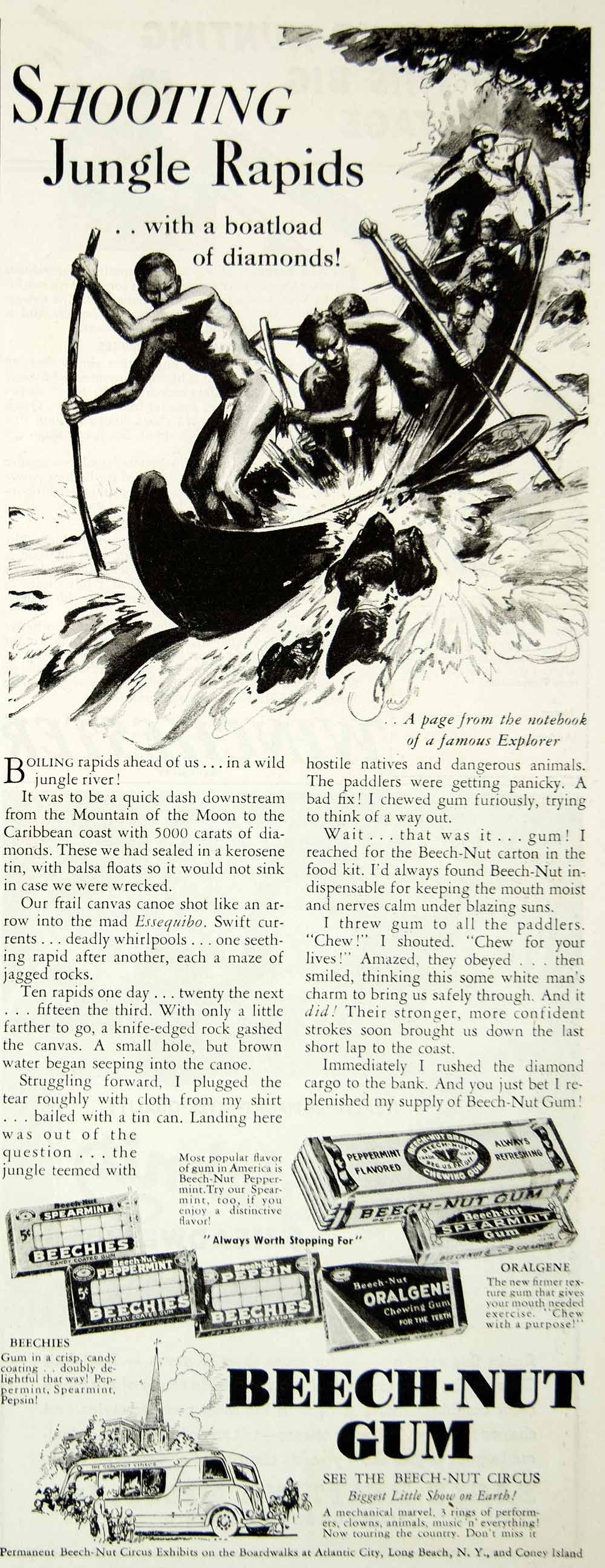 1937 Ad Beech Nut Chewing Gum Candy Africa Jungle Canoe River Rapids YAB3