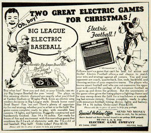 1937 Ad Electric Big League Baseball Football Game Toy 475 Canal St Holyoke YAB3