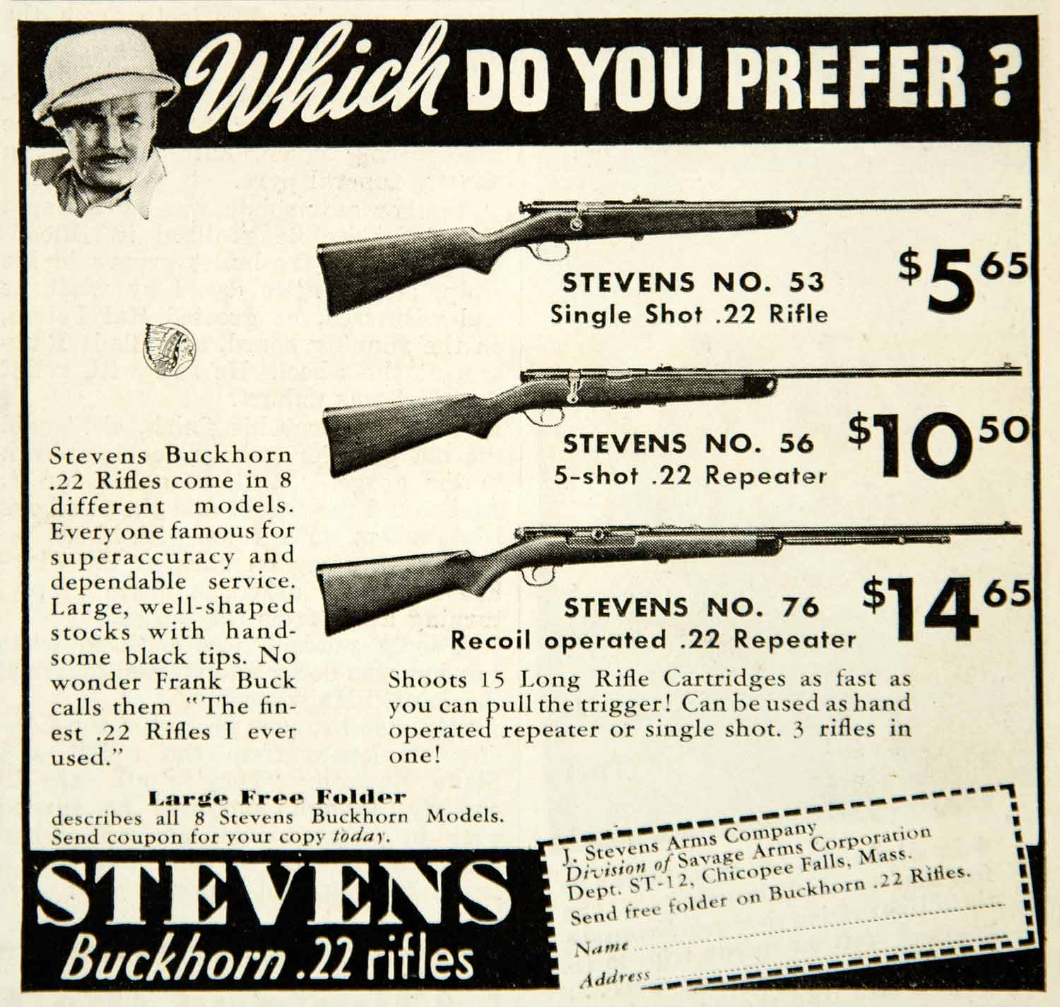 1938 Ad J Stevens Savage Arms Buckhorn .22 Hunting Repeater Rifle Frank YAB3