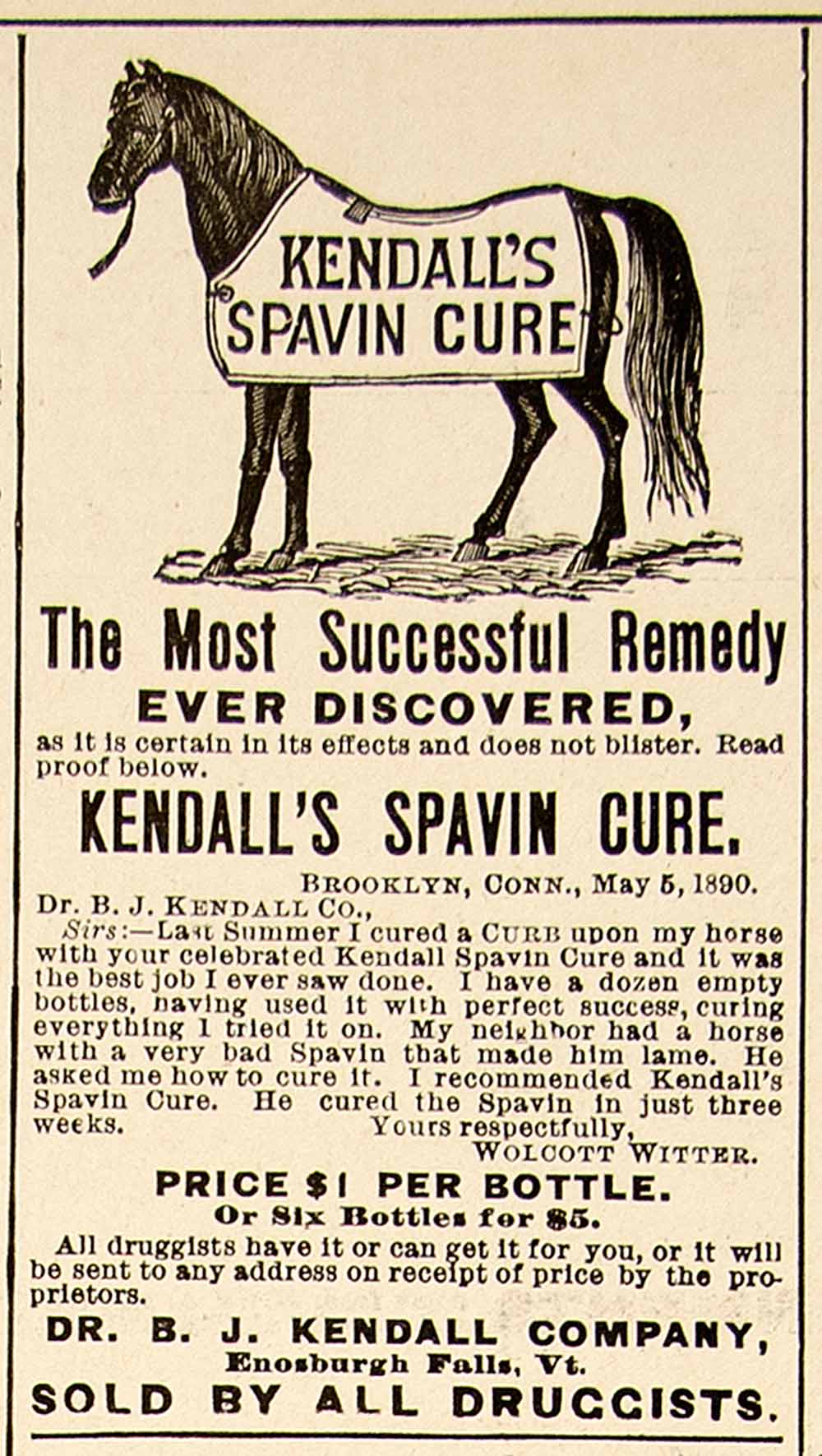 1896 Ad Antique Kendall's Spavin Cure Horse Remedy Enosburgh Falls Vermont YAHB1