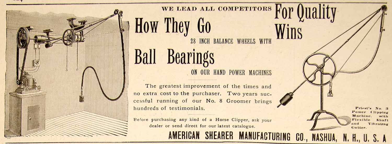 1896 Ad Antique Horse Grooming Machine American Shearer Mfg. Nashua NH YAHB1