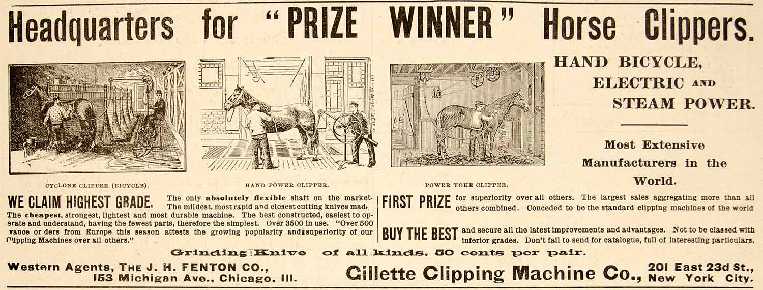 1896 Ad Antique Horse Clippers Grooming Gillette Clipping Machine Stall YAHB1