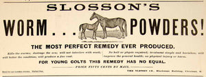 1896 Ad Antique Slosson's Worm Powders Horse Colt Veterinary Care Remedy YAHB1