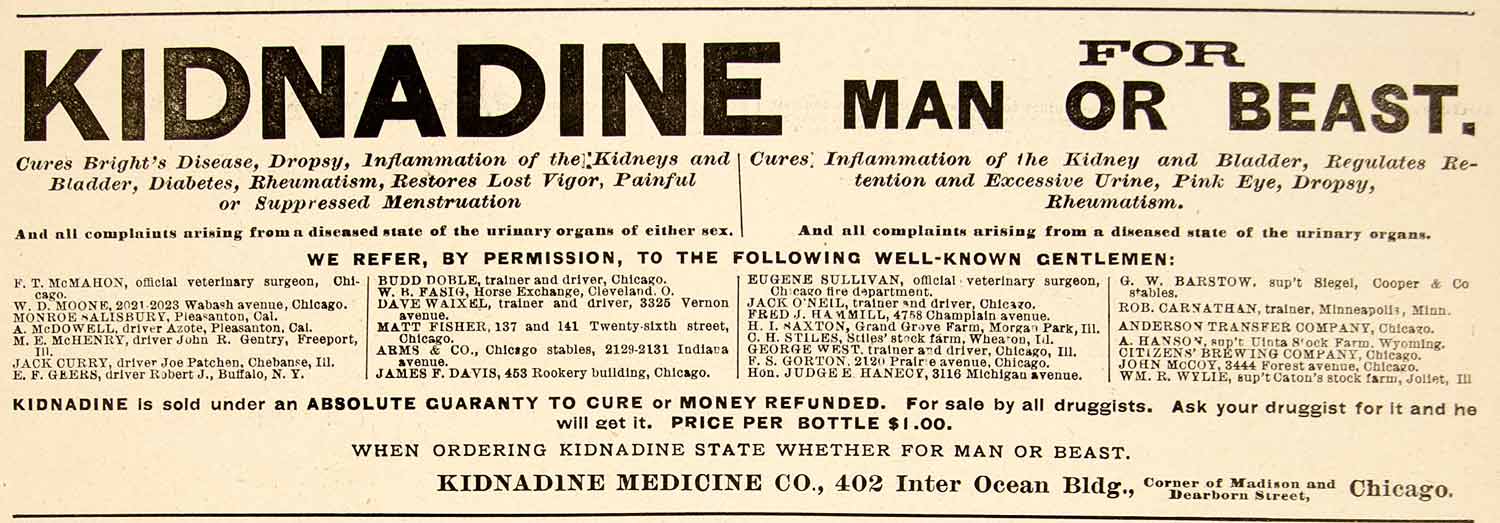 1896 Ad Antique Kidnadine Kidney Disease Human Horse Remedy Quackery Cure YAHB1