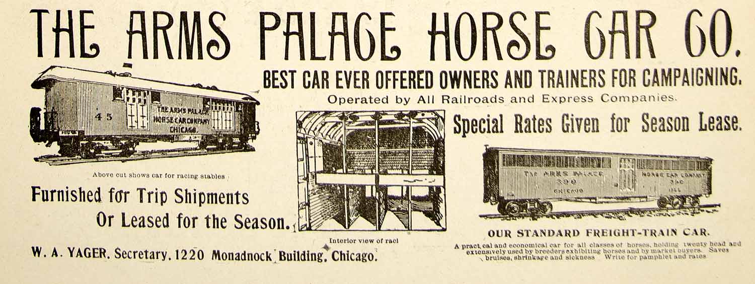 1896 Ad Arms Palace Horse Car Co. Freight Train Horse Transport Railroad YAHB1