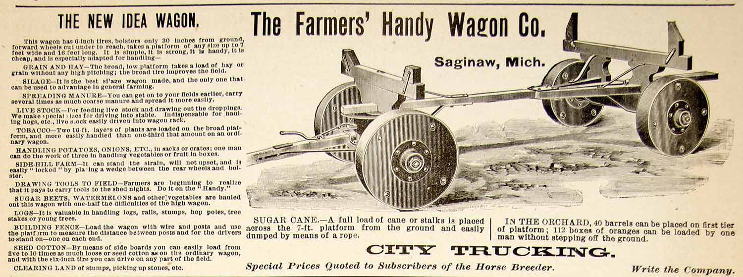 1896 Ad Antique Farmer's Handy Wagon Hauling Farm Vehicle Saginaw Michigan YAHB1