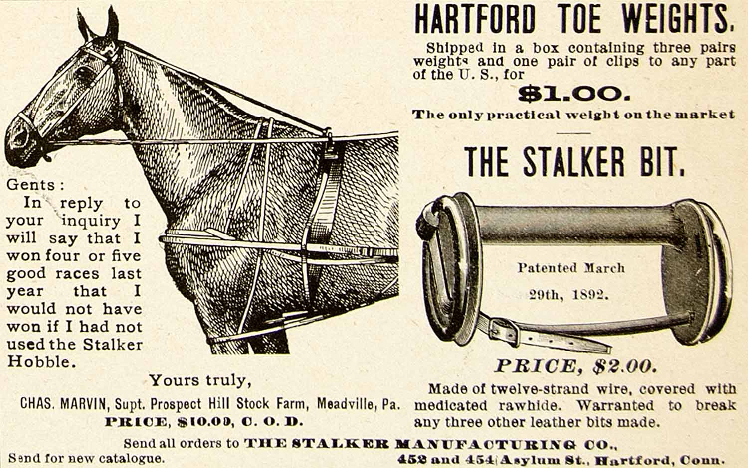1896 Ad Antique Racehorse Hartford Toe Weights Stalker Bit 452 Asylum St. YAHB1