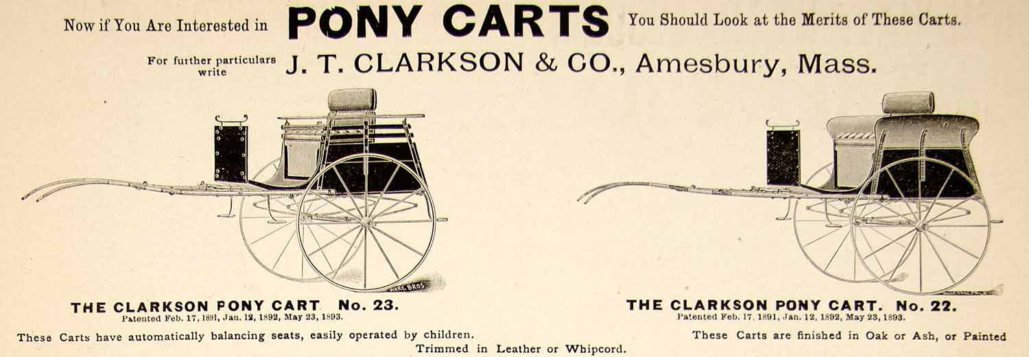 1896 Ad Antique Pony Carts Model 22 23 J T Clarkson Amesbury Massachusetts YAHB1
