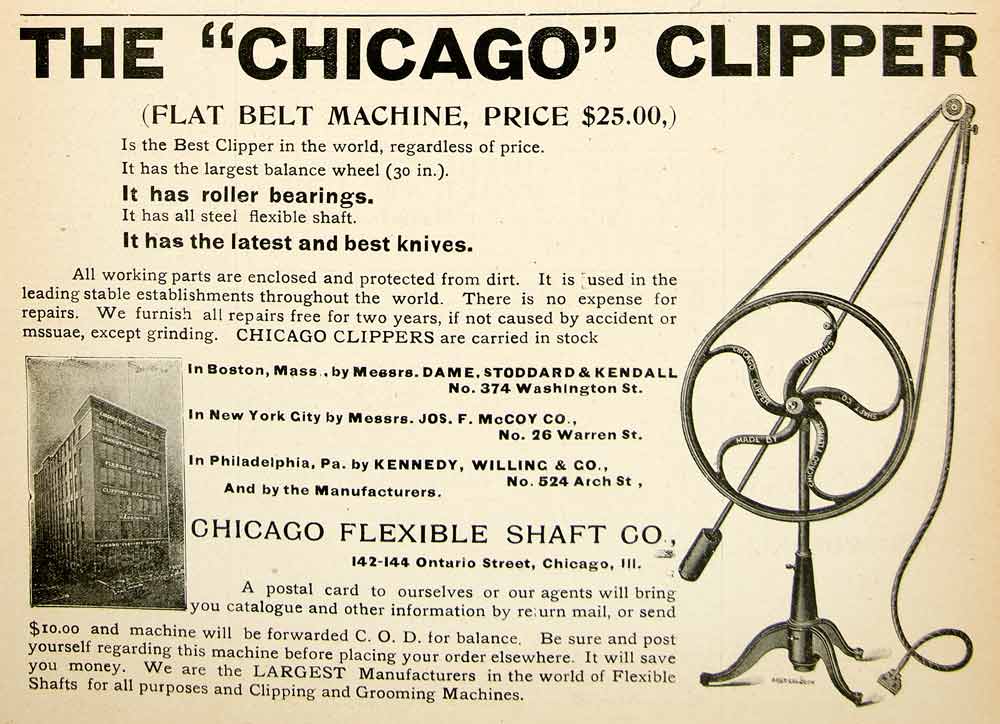 1896 Ad Horse Clippers Grooming Machine Chicago Flexible Shaft Building YAHB1