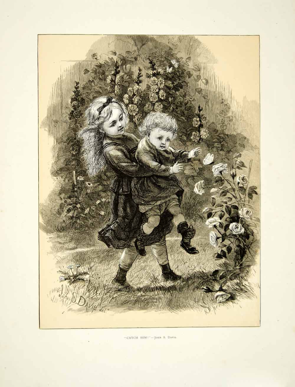 1873 Wood Engraving John Steeple Davis Art Catch Him Children Butterfly YALD1