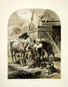 1873 Wood Engraving John Steeple Davis Art Old Friends Farming Horse Dog YALD1