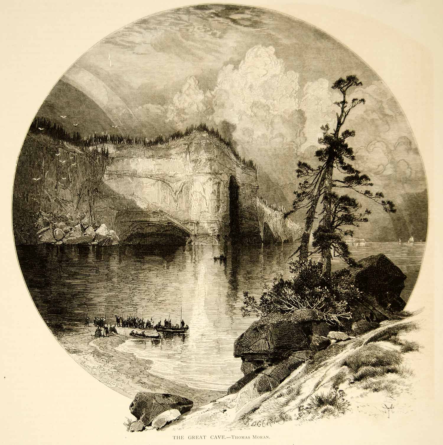 1873 Wood Engraving Thomas Moran Art Great Cave Lake Superior Landscape YALD1