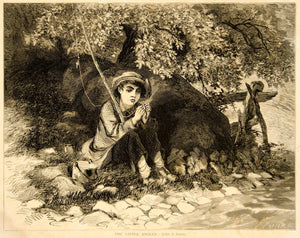 1873 Wood Engraving John Steeple Davis Art Little Angler Fishing Boy YALD1