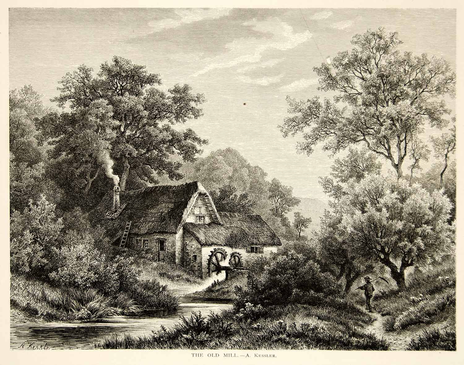 1873 Wood Engraving A Kessler Art Old Mill Germany Europe Landscape YALD1