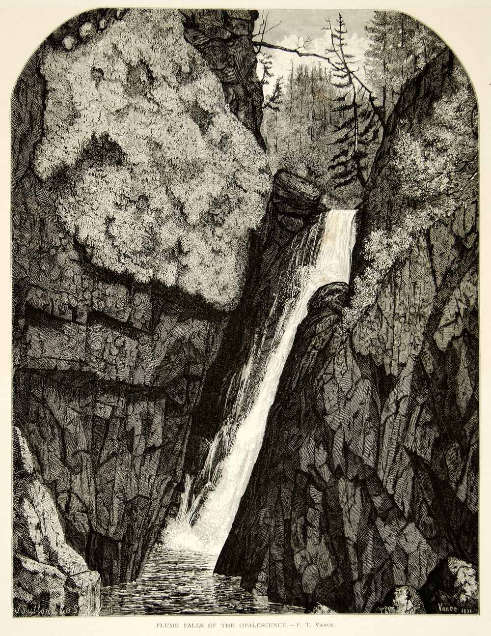 1873 Wood Engraving Frederick T Vance Art Flume Falls Opalescence YALD1