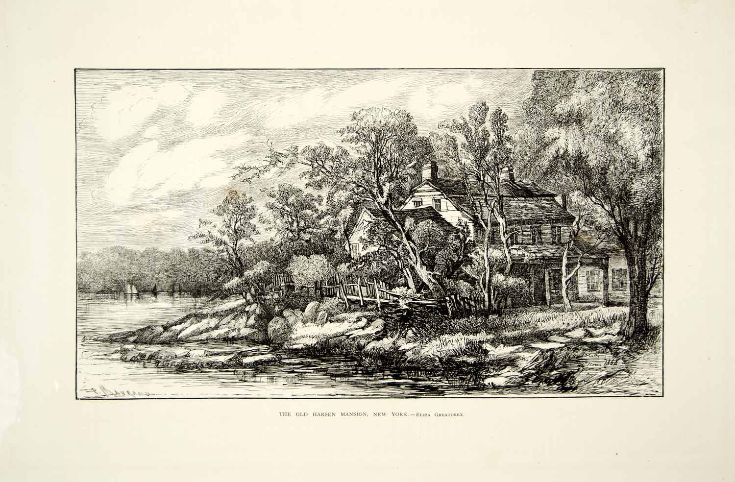 1873 Wood Engraving Eliza Pratt Greatorex Art Harsen Mansion Historic Home YALD1