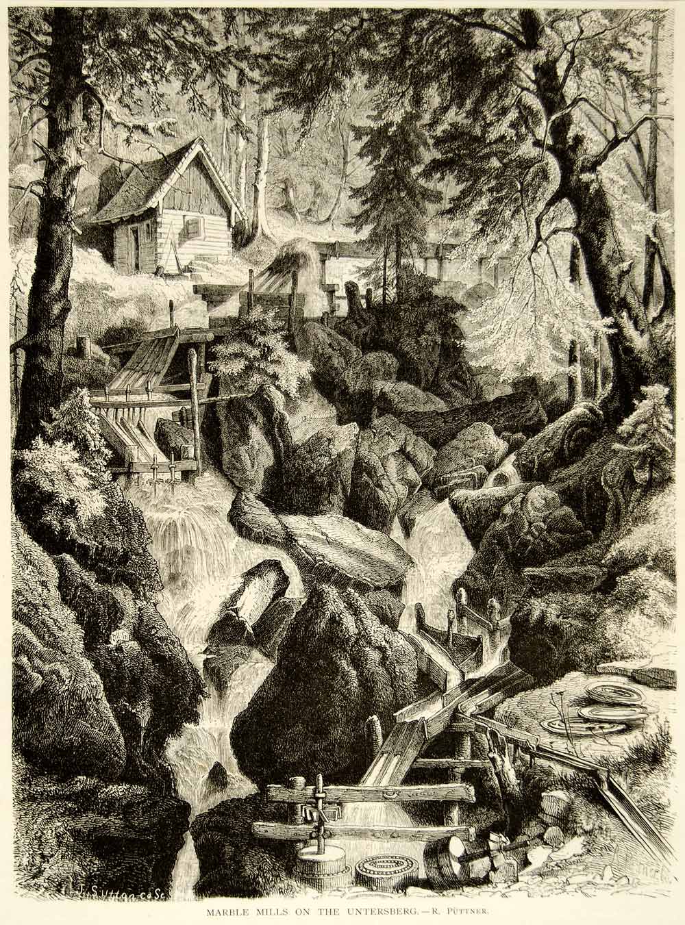 1873 Wood Engraving Richard Puttner Art Marble Mills Untersberg Alps YALD1