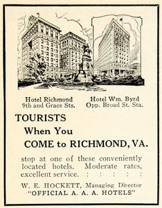 1928 Ad Hotel Richmond Virginia Byrd W E Hockett Architecture Building YAM1