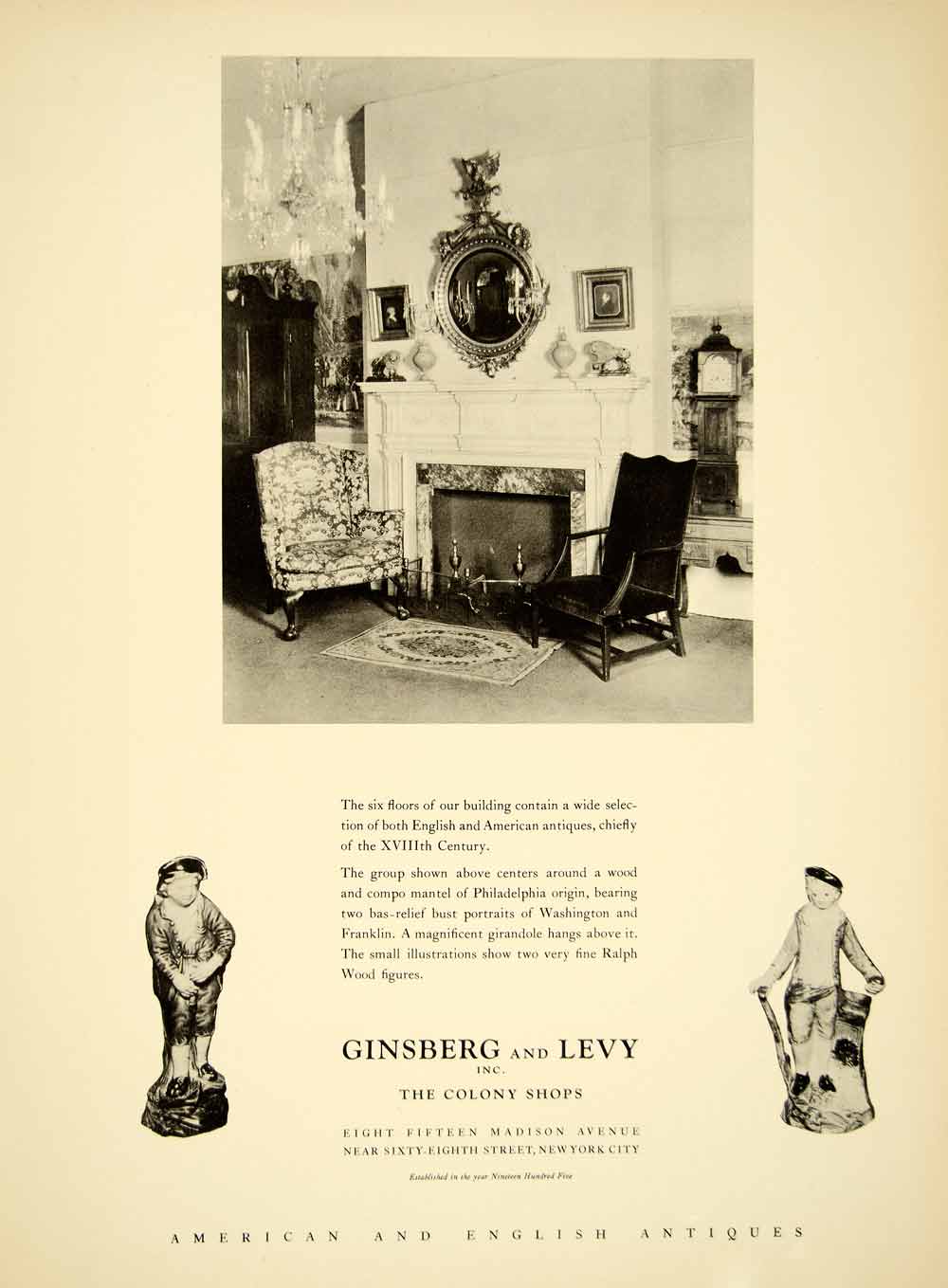 1931 Ad Ginsberg Levy 815 Madison Ave 68th St NY Ralph Wood Figure Antique YAN1