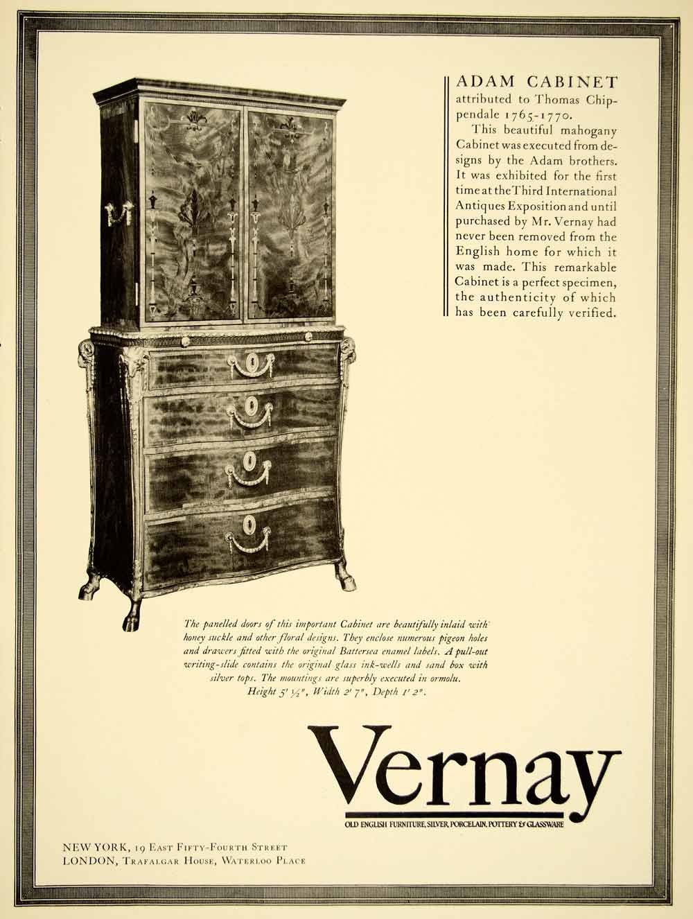 1931 Ad Vernay Old English Furniture 19 E 54 St NY Adam Bros Cabinet YAN1