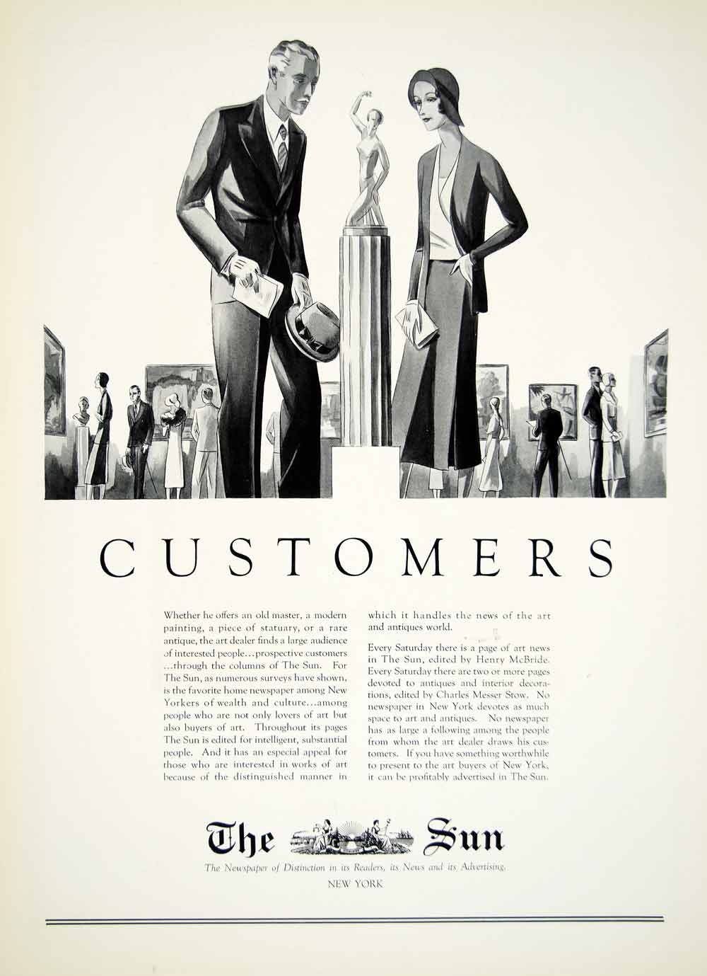 1931 Ad The Sun Newspaper New York Art Deco Art Gallery Statue Man Woman YAN1